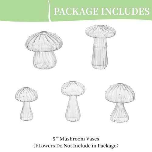 NIERBO Clear Glass Mushroom Vase: Cute Small Flower Vase Set of 5 Unique Mini Bud Vases for Centerpieces Decorative Vases for Flowers Funky Plant