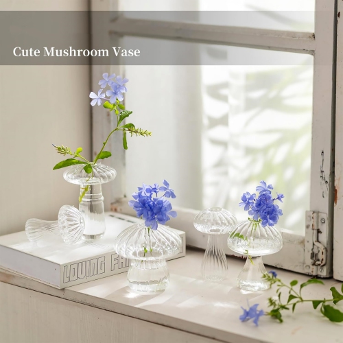 NIERBO Clear Glass Mushroom Vase: Cute Small Flower Vase Set of 5 Unique Mini Bud Vases for Centerpieces Decorative Vases for Flowers Funky Plant