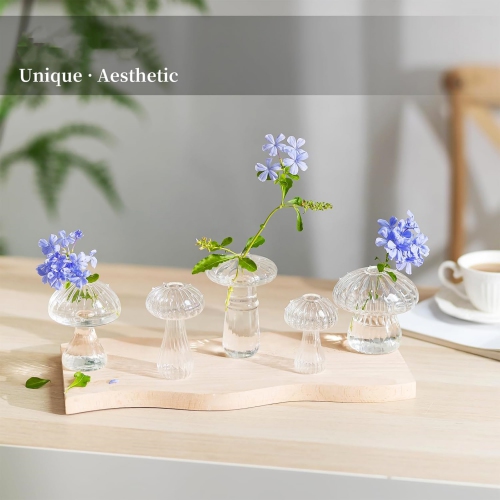 NIERBO Clear Glass Mushroom Vase: Cute Small Flower Vase Set of 5 Unique Mini Bud Vases for Centerpieces Decorative Vases for Flowers Funky Plant