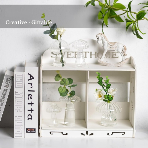 NIERBO Clear Glass Mushroom Vase: Cute Small Flower Vase Set of 5 Unique Mini Bud Vases for Centerpieces Decorative Vases for Flowers Funky Plant