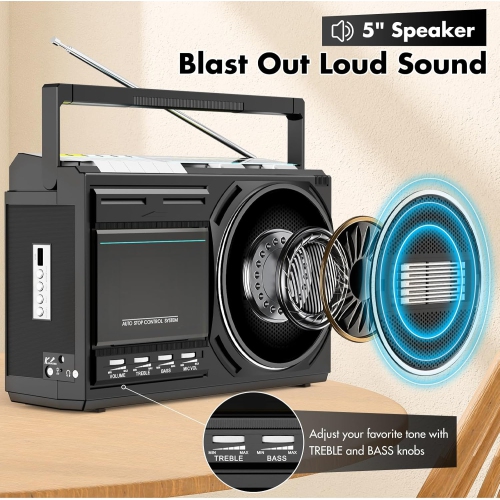 Lecteur de cassettes radio FM à domicile, lecteur de cassettes portatif pour aînés avec prise pour écouteurs - Haut-parleur intégré