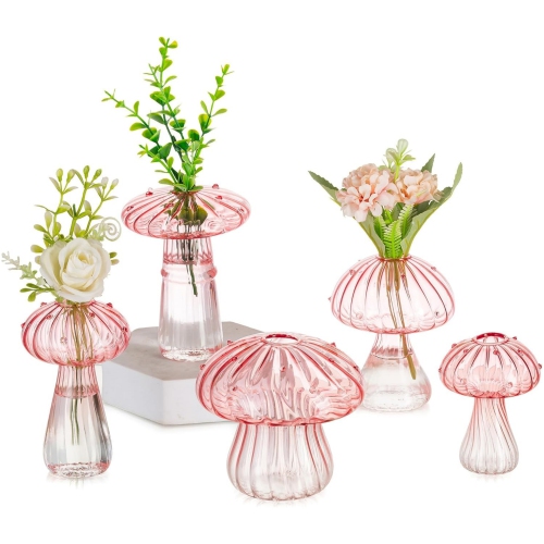 NIERBO  Glass Mushroom Vase: Cute Small Flower Vase Set Of 5 Unique Mini Bud Vases for Centerpieces Decorative Vases for Flowers Funky Plant Vase