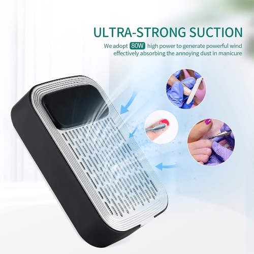 Nail Dust Collector, 80W Nail Vacuum Cleaner, Low Noise Adjustable Power Suction, Ergonomic Hand Rest, Rechargeable