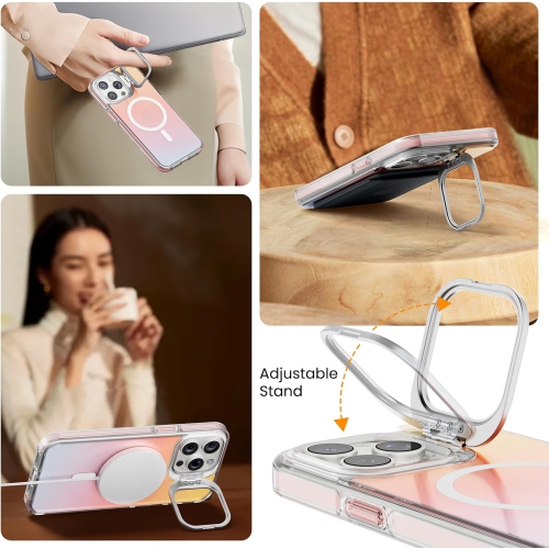 ORNARTO for iPhone 15 Pro Max Case 6.7", Built-in Stash Stand Phone Case Compatible with MagSafe,Holographic Iridescent Cover,Shockproof Protective