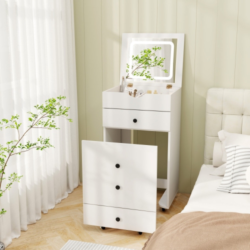 3-in-1 Vanity Set with Flip-Up Mirror and Cushioned Stool for Bedroom