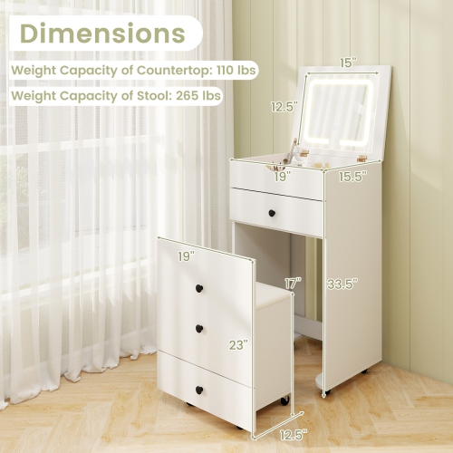 3-in-1 Vanity Set with Flip-Up Mirror and Cushioned Stool for Bedroom