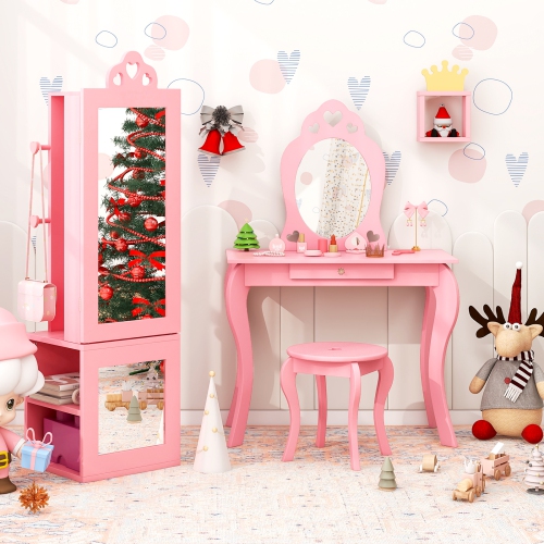 Princess Vanity Table and Stool Set with Jewelry Cabinet and Full-Length Mirror