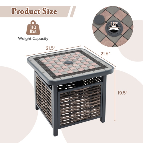 Outdoor PE Rattan Side Table Square End Table with Umbrella Hole