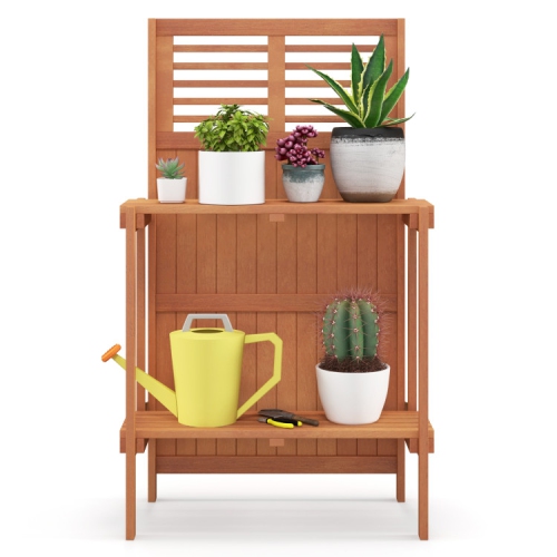 Folding Garden Potting Bench with 2-Tier Storage Shelves for Yard or Balcony