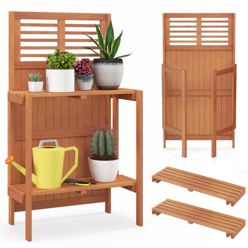 Folding Garden Potting Bench with 2-Tier Storage Shelves for Yard or Balcony