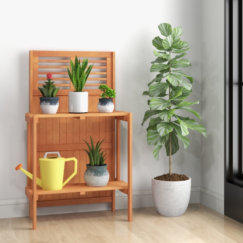 Folding Garden Potting Bench with 2-Tier Storage Shelves for Yard or Balcony