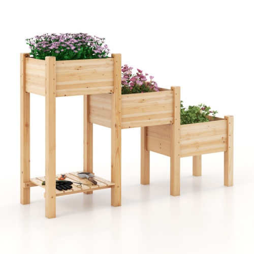 Wooden 3 Tier Raised Planter Bed with Open Storage for Garden Supplies