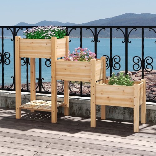 Wooden 3 Tier Raised Planter Bed with Open Storage for Garden Supplies