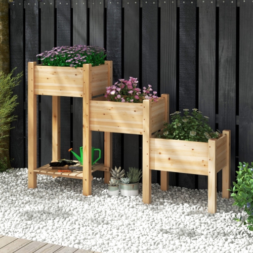 Wooden 3 Tier Raised Planter Bed with Open Storage for Garden Supplies