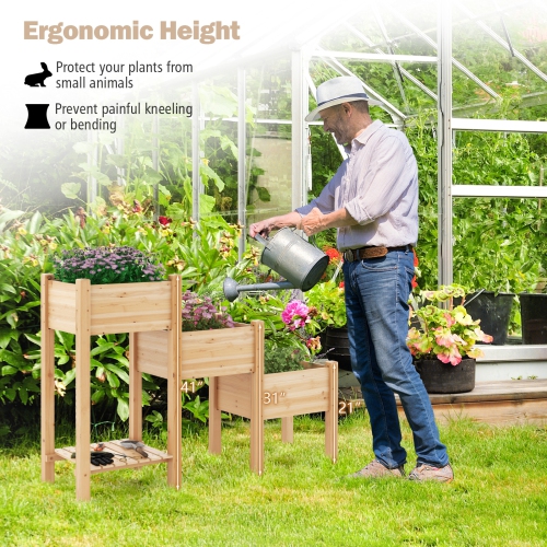 Wooden 3 Tier Raised Planter Bed with Open Storage for Garden Supplies