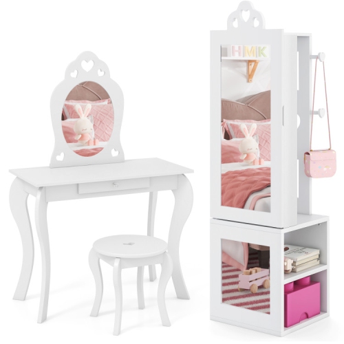 Princess Vanity Table and Stool Set with Jewelry Cabinet and Full-Length Mirror