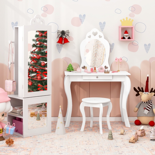 Princess Vanity Table and Stool Set with Jewelry Cabinet and Full-Length Mirror