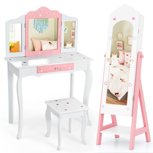 Children’s Vanity Table and Jewelry Cabinet Set with Full-Length Mirror