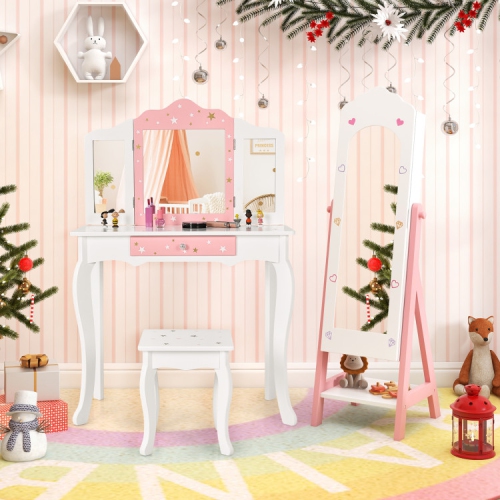 Children’s Vanity Table and Jewelry Cabinet Set with Full-Length Mirror