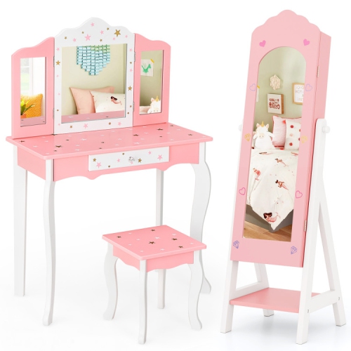 Children’s Vanity Table and Jewelry Cabinet Set with Full-Length Mirror