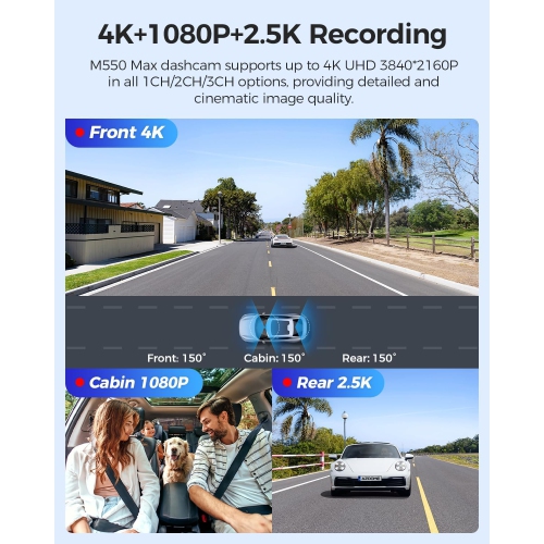 AZDOME M550 Max 4K 3 Channel Dash Cam, Dual STARVIS Sensors, 4K+2.5K+1080P Front and Rear Inside Triple Car Camera, Built-in WiFi GPS, 64GB Card