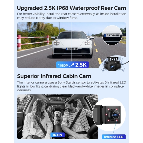 AZDOME M550 Max 4K 3 Channel Dash Cam, Dual STARVIS Sensors, 4K+2.5K+1080P Front and Rear Inside Triple Car Camera, Built-in WiFi GPS, 64GB Card