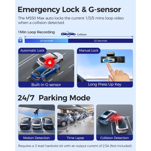 AZDOME M550 Max 4K 3 Channel Dash Cam, Dual STARVIS Sensors, 4K+2.5K+1080P Front and Rear Inside Triple Car Camera, Built-in WiFi GPS, 64GB Card