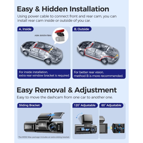 AZDOME M550 Max 4K 3 Channel Dash Cam, Dual STARVIS Sensors, 4K+2.5K+1080P Front and Rear Inside Triple Car Camera, Built-in WiFi GPS, 64GB Card