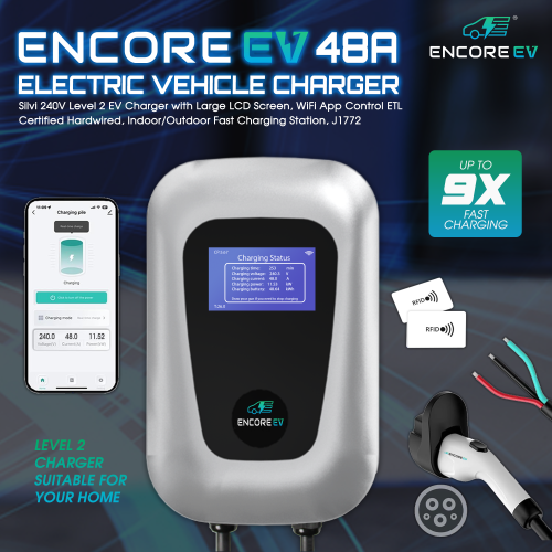Encore EV 48A Electric Vehicle Charger, Silvi 240V Level 2 EV Charger with Large LCD Screen, WiFi App Control ETL Certified Hardwired, Indoor/Outdoor