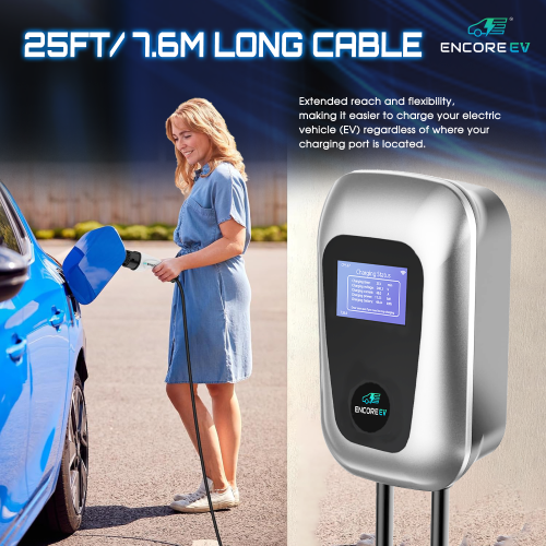 Encore EV 48A Electric Vehicle Charger, Silvi 240V Level 2 EV Charger with Large LCD Screen, WiFi App Control ETL Certified Hardwired, Indoor/Outdoor