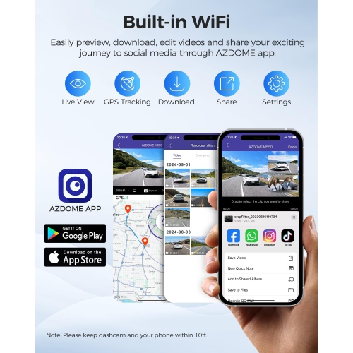 AZDOME M550 Pro 5G WiFi 3 Channel Dash Cam Built-in GPS, with 64GB Card, 2.5K+1080P+1080P , IR Night Vision