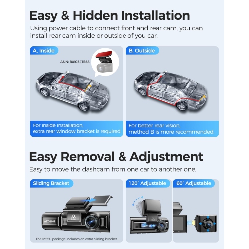 AZDOME M550 Pro 5G WiFi 3 Channel Dash Cam Built-in GPS, with 64GB Card, 2.5K+1080P+1080P , IR Night Vision