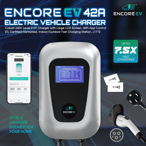 Encore EV 42A Electric Vehicle Charger, Silvi 240V Level 2 EV Charger with Large LCD Screen, WiFi App Control ETL Certified NEMA 14-50 plug,