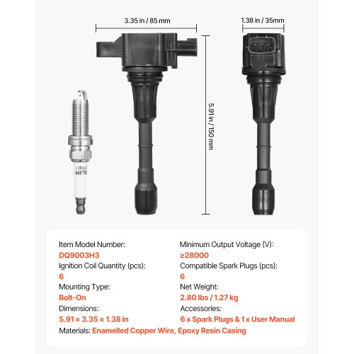 VEVOR Set of 6 Ignition Coil Pack and Spark Plugs, Compatible with Nissan Murano Maxima Pathfinder 350Z Altima Quest Infiniti EX35 FX35 G25 G35 JX35
