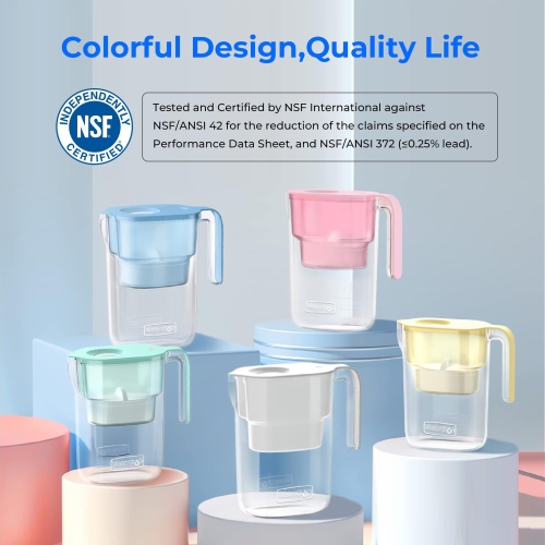 Pichet filtrant à eau longue durée de 200 gallons en Elfin 7 avec 1 filtre, certifié NSF, 5 fois plus durable, réduit le SPFO, PFOA/PFOS Chlore, sans