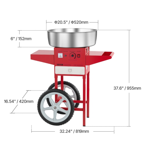 VEVOR 1000W Electric Cotton Candy Machine with Cart, Commercial Candy Floss Maker with 20.5 in Stainless Steel Bowl, Sugar Scoop, and Drawer, Easy to