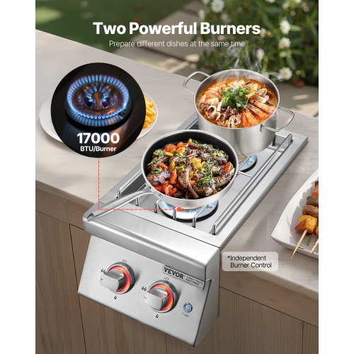 VEVOR 2 x 17,000BTU Double Grilling Side Burners, Liquid Propane Side Burner for Outdoor Kitchen, Convertible to Natural Gas, 304 Stainless Steel