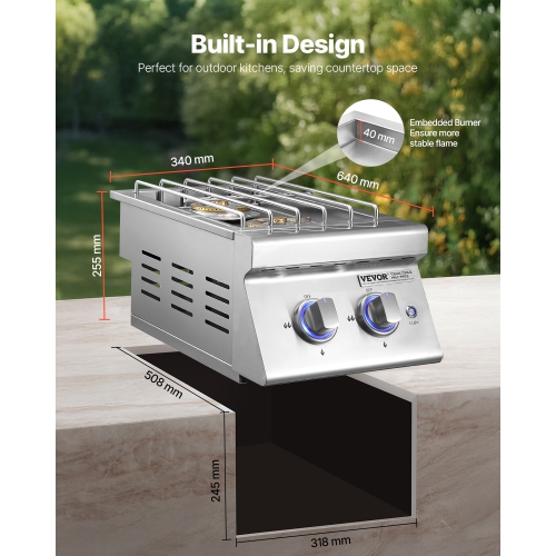 VEVOR 2 x 17,000BTU Double Grilling Side Burners, Liquid Propane Side Burner for Outdoor Kitchen, Convertible to Natural Gas, 304 Stainless Steel