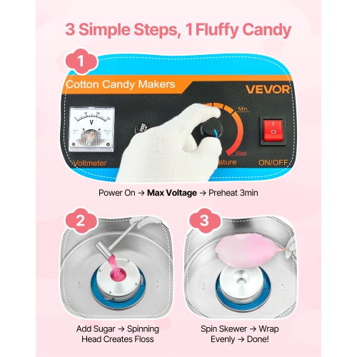 VEVOR 1000W Cotton Candy Machine Commercial, Electric Candy Floss Maker, Easy Use with 15 inch Stainless Steel Bowl and Sugar Scoop, Makes Hard Candy