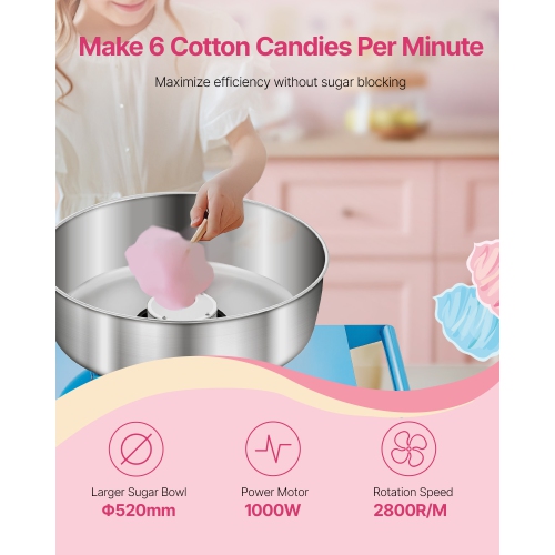 VEVOR 1000W Electric Cotton Candy Machine with Cart, Commercial Candy Floss Maker with 20.5 in Stainless Steel Bowl, Sugar Scoop, and Drawer, Easy to