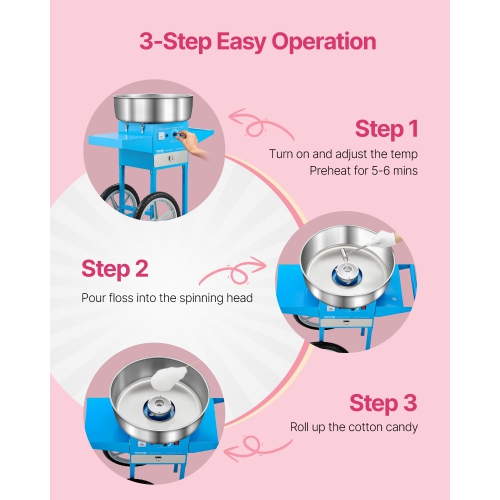 VEVOR 1000W Electric Cotton Candy Machine with Cart, Commercial Candy Floss Maker with 20.5 in Stainless Steel Bowl, Sugar Scoop, and Drawer, Easy to