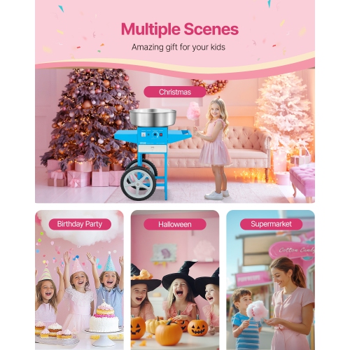 VEVOR 1000W Electric Cotton Candy Machine with Cart, Commercial Candy Floss Maker with 20.5 in Stainless Steel Bowl, Sugar Scoop, and Drawer, Easy to