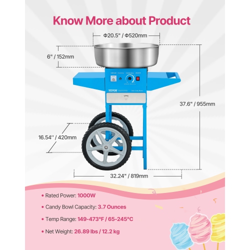 VEVOR 1000W Electric Cotton Candy Machine with Cart, Commercial Candy Floss Maker with 20.5 in Stainless Steel Bowl, Sugar Scoop, and Drawer, Easy to