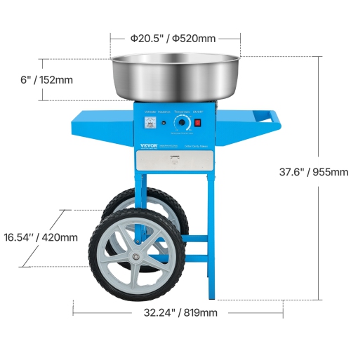 VEVOR 1000W Electric Cotton Candy Machine with Cart, Commercial Candy Floss Maker with 20.5 in Stainless Steel Bowl, Sugar Scoop, and Drawer, Easy to