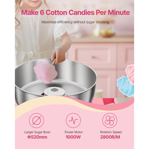 VEVOR 1000W Electric Cotton Candy Machine with Cart, Commercial Candy Floss Maker with 20.5 in Stainless Steel Bowl, Sugar Scoop, and Drawer, Easy to