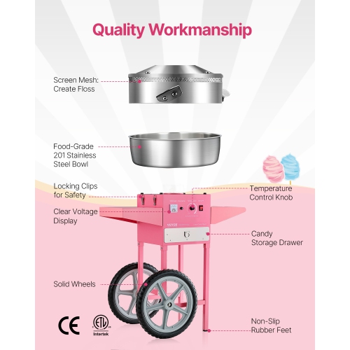 VEVOR 1000W Electric Cotton Candy Machine with Cart, Commercial Candy Floss Maker with 20.5 in Stainless Steel Bowl, Sugar Scoop, and Drawer, Easy to