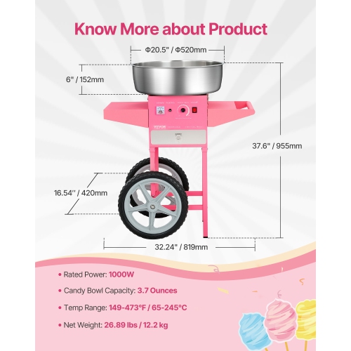 VEVOR 1000W Electric Cotton Candy Machine with Cart, Commercial Candy Floss Maker with 20.5 in Stainless Steel Bowl, Sugar Scoop, and Drawer, Easy to