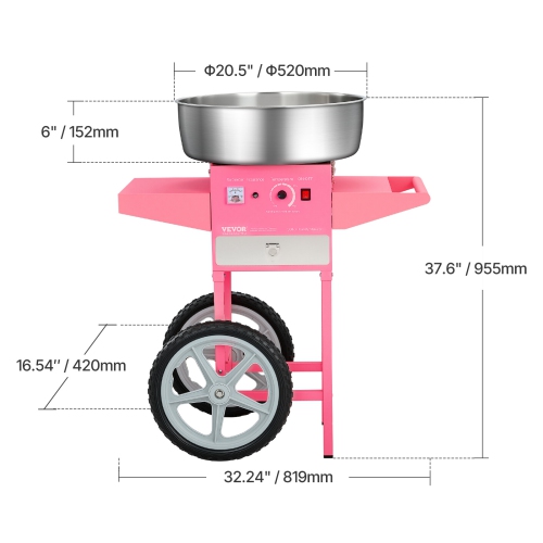 VEVOR 1000W Electric Cotton Candy Machine with Cart, Commercial Candy Floss Maker with 20.5 in Stainless Steel Bowl, Sugar Scoop, and Drawer, Easy to