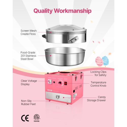 VEVOR 1000W Electric Cotton Candy Machine, Commercial Candy Floss Maker with 20.5 in Stainless Steel Bowl, Sugar Scoop, and Drawer, Easy Home Use,