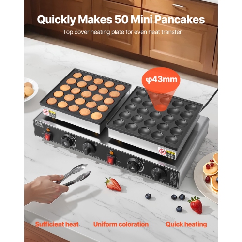VEVOR 50PCS Mini Dutch Pancake Maker, Non-stick Stainless Steel Dorayaki Baker, 1800W Commercial Electric Poffertjes Grill Pan, Dual Temp & Time